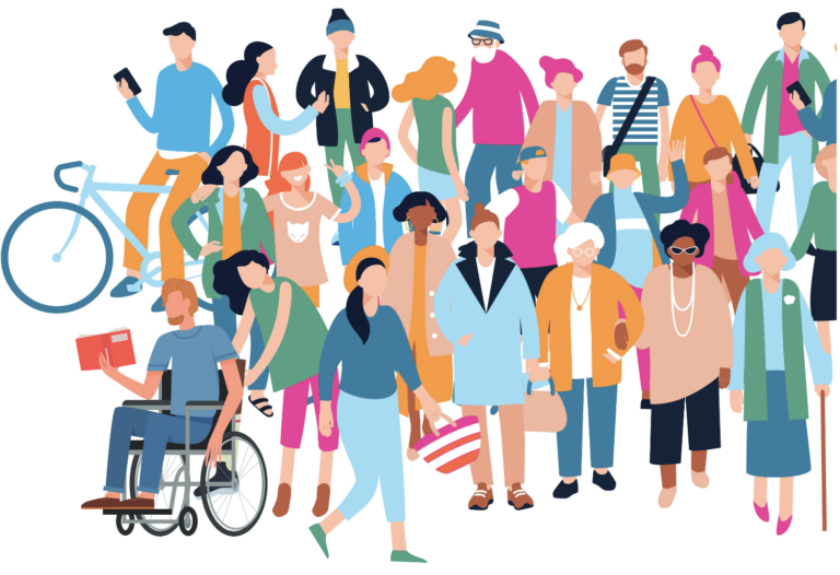 Illustration einer Gruppe von Menschen mit vielfältigen Merkmalen für den Inklusions-Check für Gemeinden.